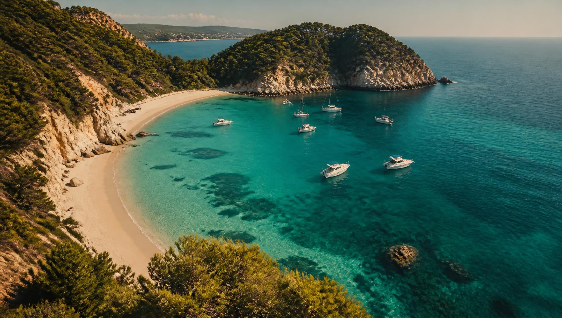 Turkis middelhavsbugt med sandstrand set fra luften
